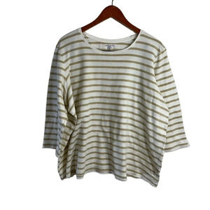 Laura Scott Striped Top 2X White Gold Metallic Knit 3/4 Sleeves Pullover Glitter